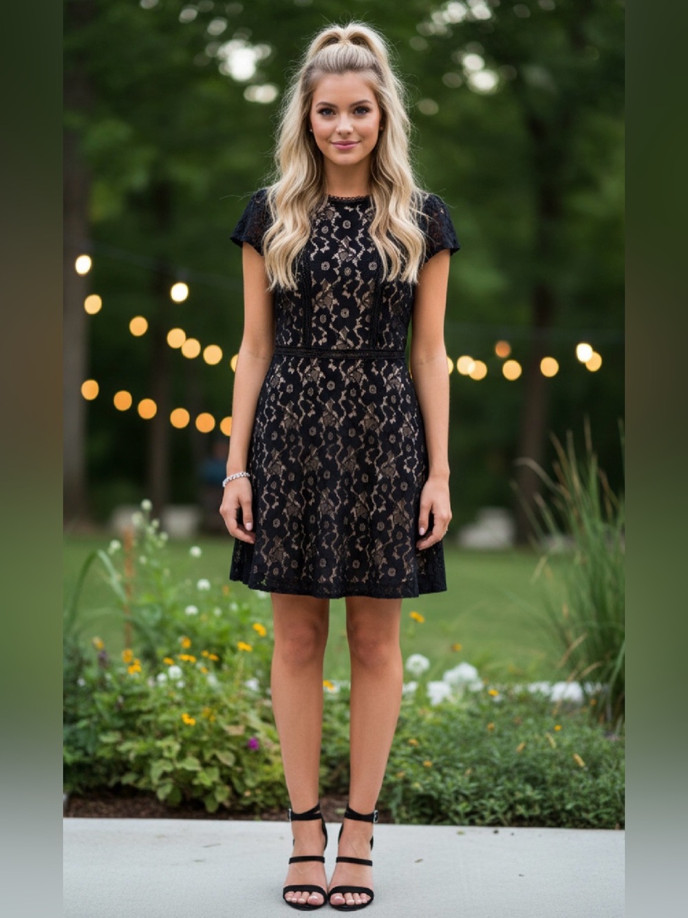 BLUE PEPPER Lace Short Sleeve Fit-and-Flare Dress